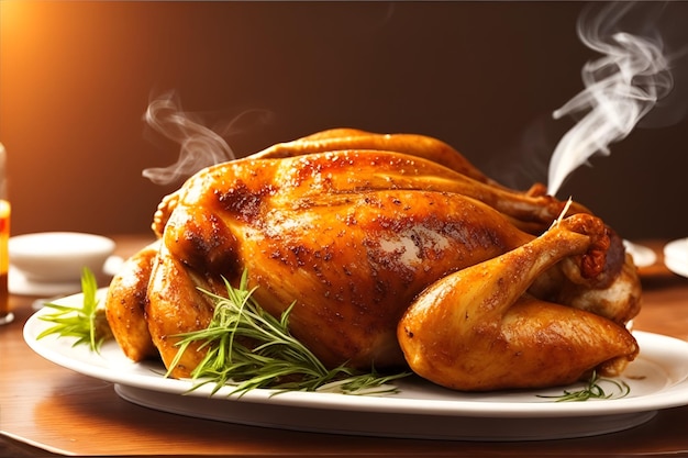 Un poulet fumé sur une table de restaurant