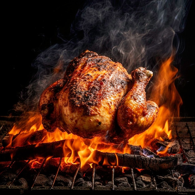 Un poulet sur un gril avec de la fumée de feu qui en sort