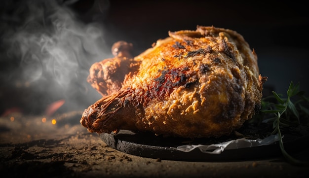 Un poulet sur un gril avec de la fumée qui en sort