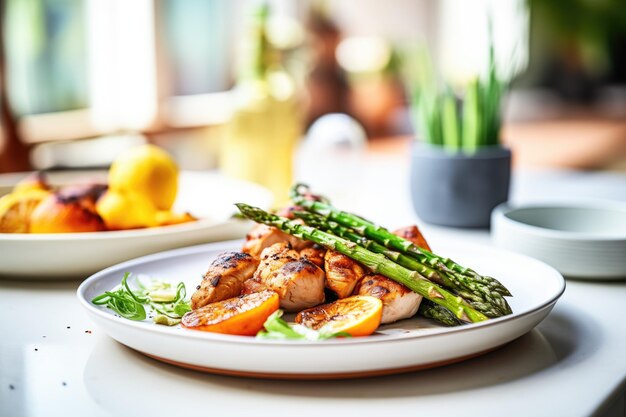 Photo poulet grillé et asperges sur une assiette en céramique