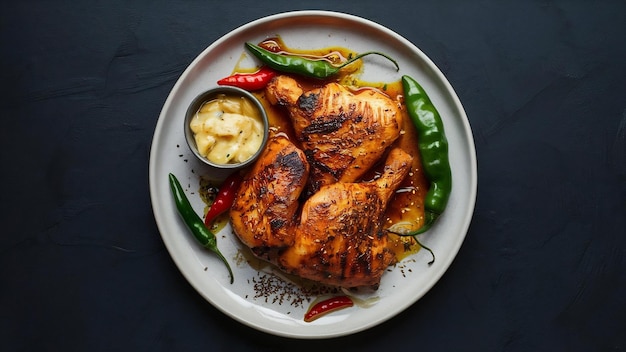 Poulet grillé sur une assiette avec du piment, de la sauce à l'ail et des graines de poivre.