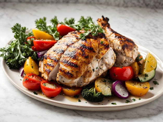 Poulet grillé aux légumes sur fond blanc