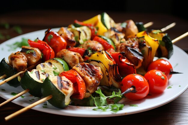 Photo poulet grillé et brochettes de légumes