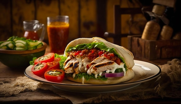 Poulet grillé dans du pain pita avec tomates laitue oignons isolés sur table en bois Cuisine orientale