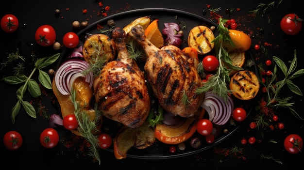 Poulet grillé entouré de légumes frais sur fond sombre