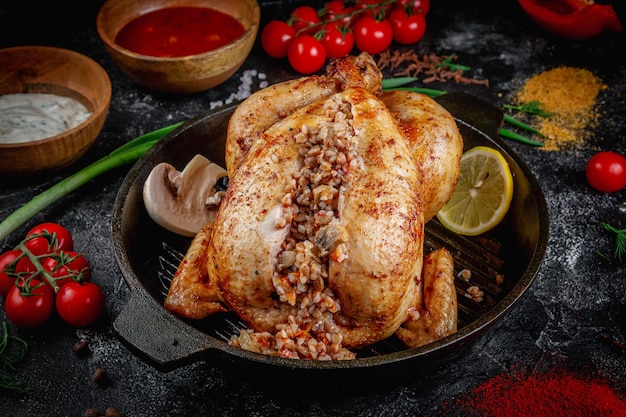 Poulet grillé farci au sarrasin sur une table en pierre sombre avec crème de légumes et sauce tomate Servi dans une poêle à frire Service de livraison de restauration rapide