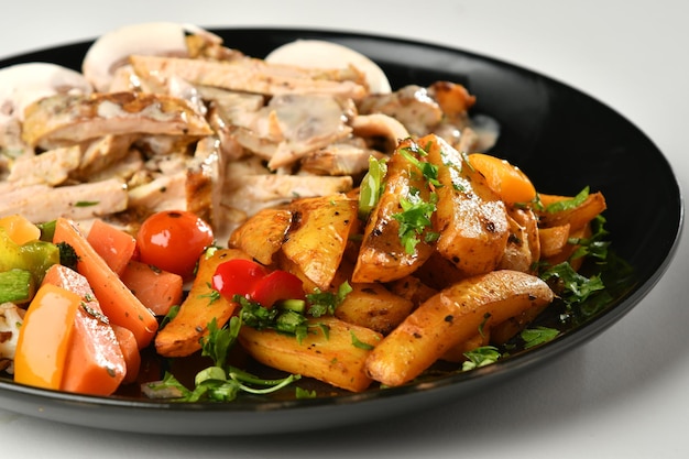 Poulet grillé . Filet de poulet frit et salade de légumes frais de tomates,