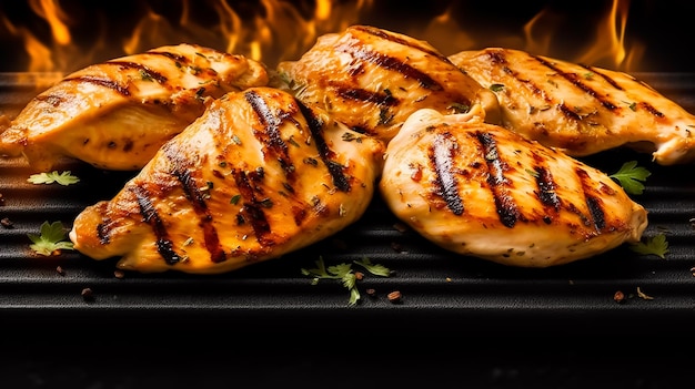 Poulet grillé sur un gril avec une flamme en arrière-plan