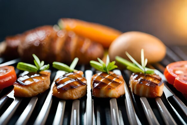 Photo poulet grillé sur un gril avec un hot-dog et des légumes