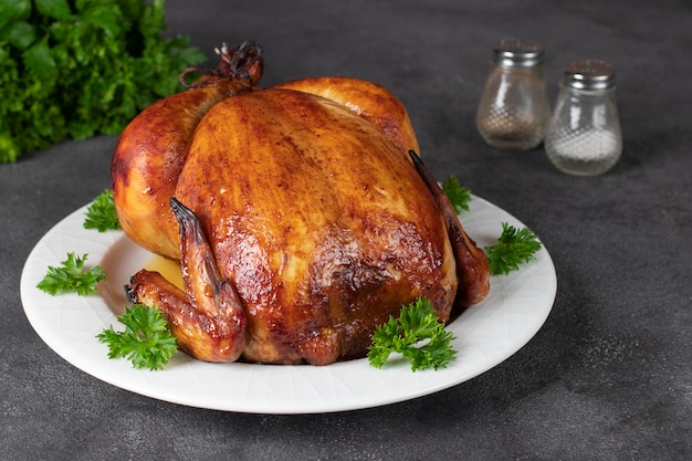 Poulet grillé le jour de Thanksgiving sur plaque blanche sur fond gris