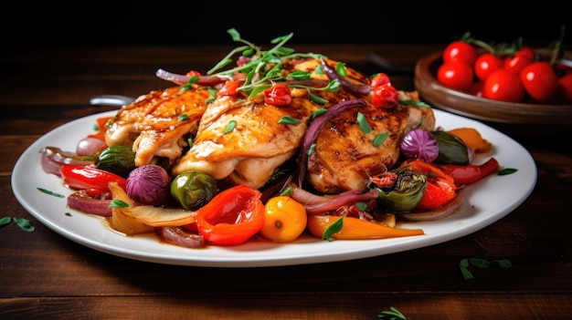 Poulet grillé avec légumes colorés rôtis sur plaque blanche