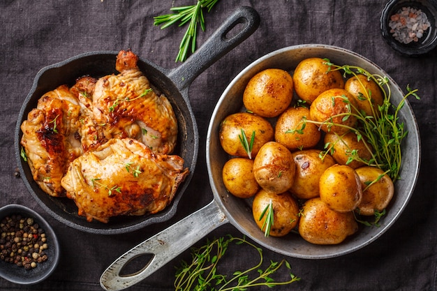 Poulet Grillé Et Pommes De Terre Au Four Dans Une Poêle En Fonte.