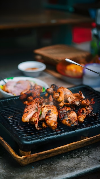 Poulet grillé et porc dans un restaurant local à Vang Vieng