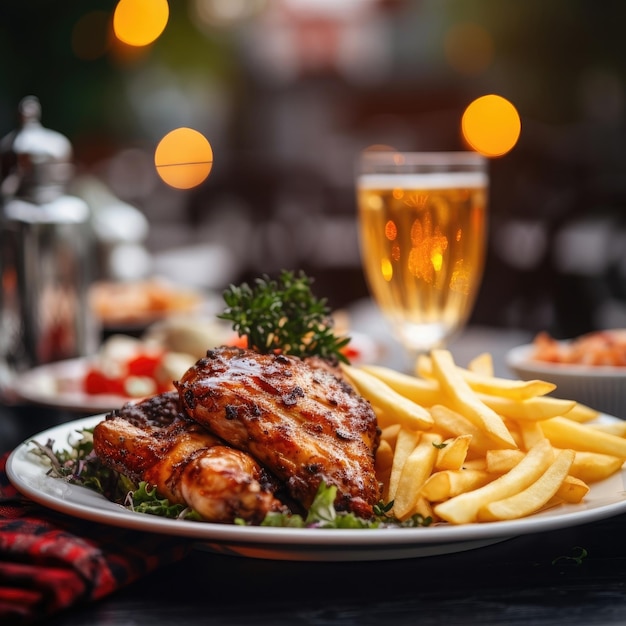 Poulet grillé avec une portion de frites et un restaurant flou à l'arrière-plan