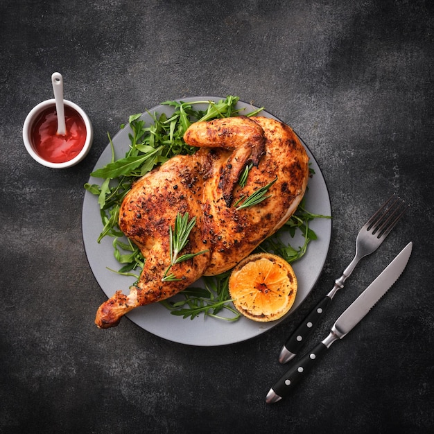 Photo poulet grillé poulet mi-cuit au citron et aux épices délicieux poulet juteux volaille grillée