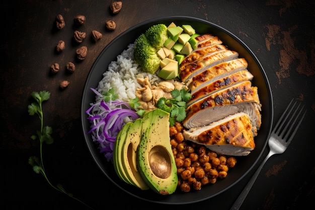 Poulet grillé riz pois chiches épicés avocat chou Illustration AI Générative