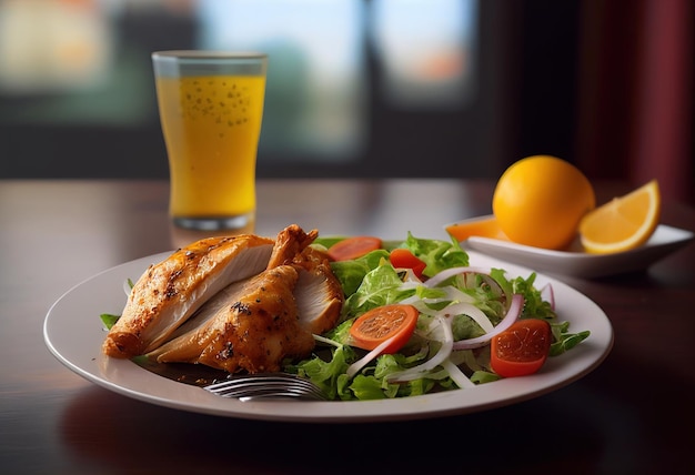 Poulet grillé avec salade et un verre de jus d'orange sur une table en bois