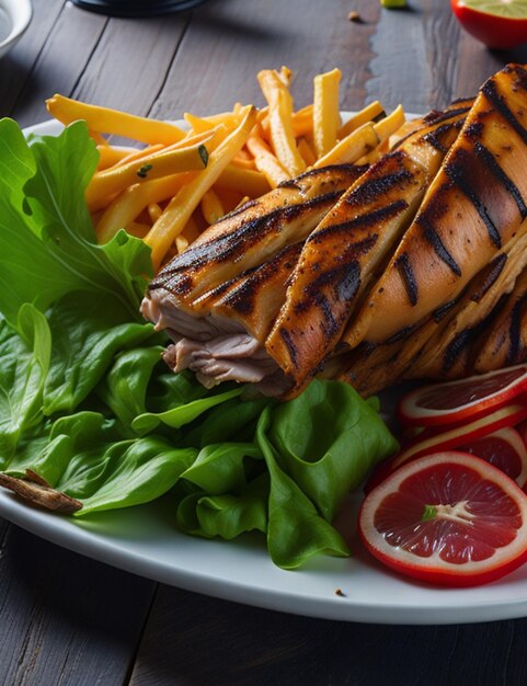 Poulet grillé, salade verte, tomates et frites sur la table générée par l'IA