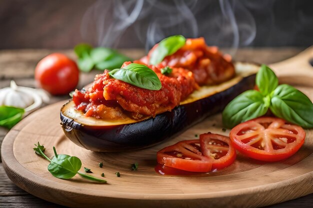 Poulet grillé avec sauce tomate et basilic sur une assiette en bois.