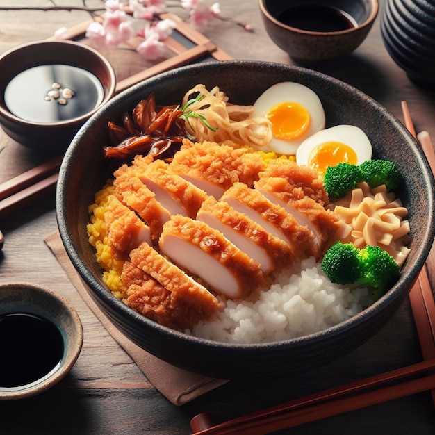 le poulet katsu don est une cuisine japonaise servie avec de la sauce soja sur la table