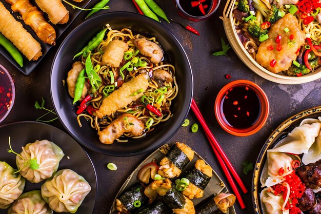 Poulet kung pao épicé avec des arachides servi dans un plat isolé vue sur la table de la nourriture chinoise