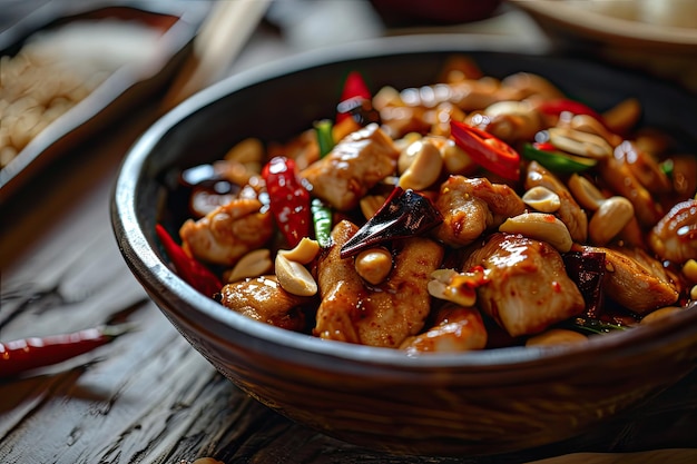 Poulet Kung Pao traditionnel, un plat de sauté chinois épicé avec des cacahuètes de poulet et des piments garnis de coriandre fraîche