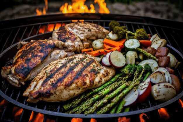 Poulet et légumes grillés sur un gril de jardin fait maison