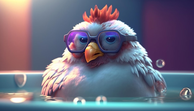 Un poulet avec des lunettes se détendant dans un bain à remous