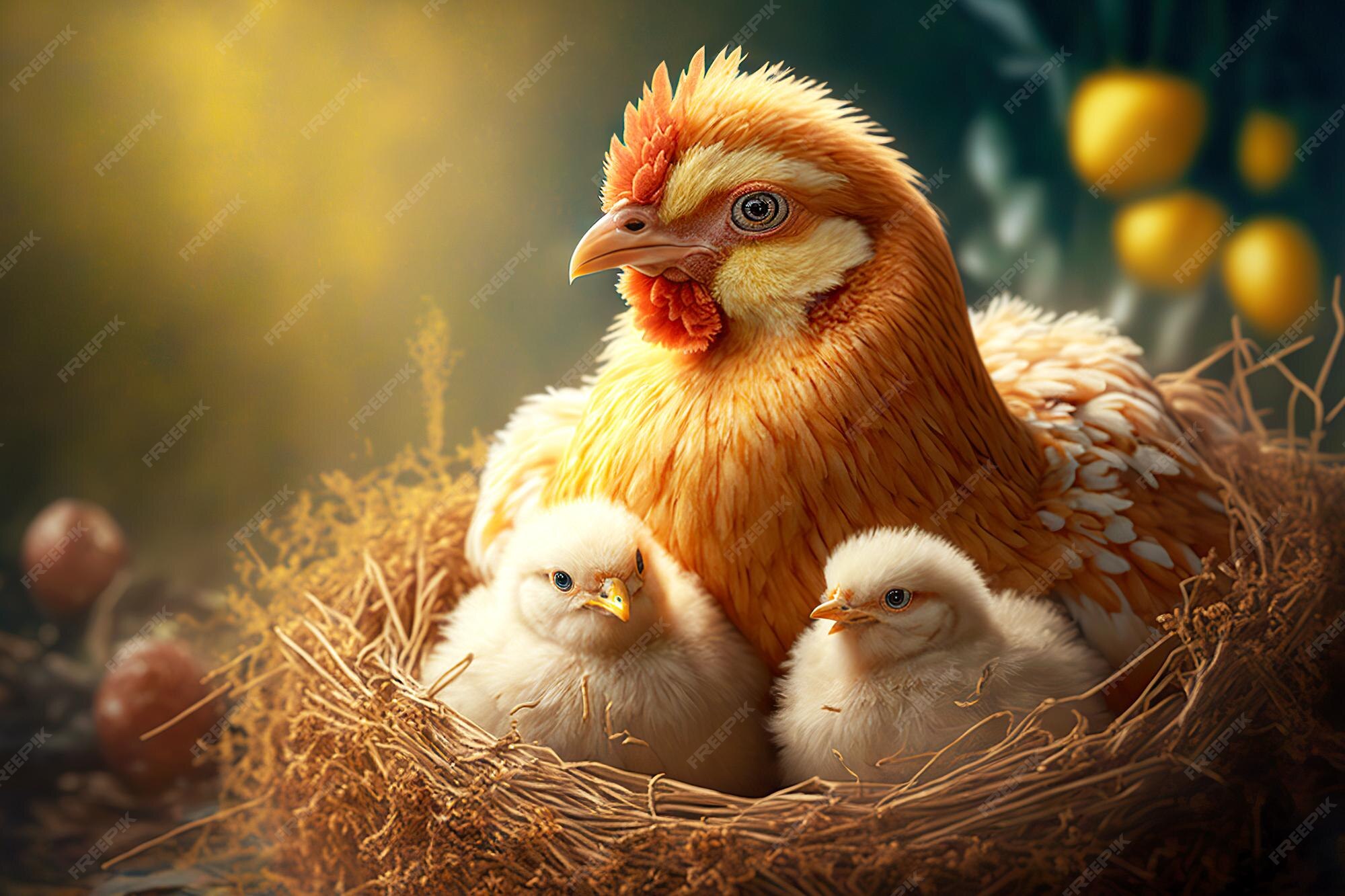 Poulet maman aux cheveux roux clair avec des poussins moelleux assis