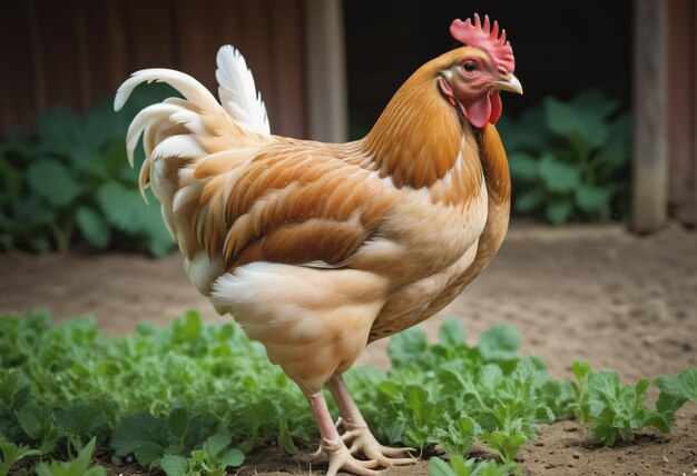 Un poulet marche dans la ferme sur le sol