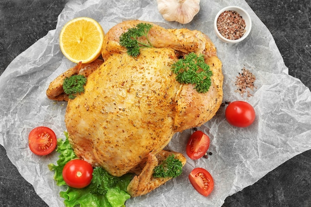 Poulet mariné avec garniture sur parchemin