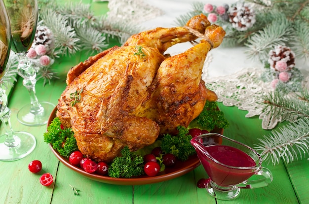 Photo poulet de noël avec sauce aux canneberges sur la table de fête