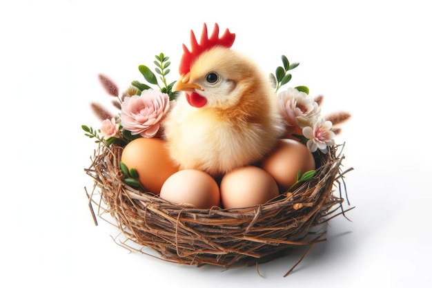 poulet avec des œufs dans un nid sur un fond blanc