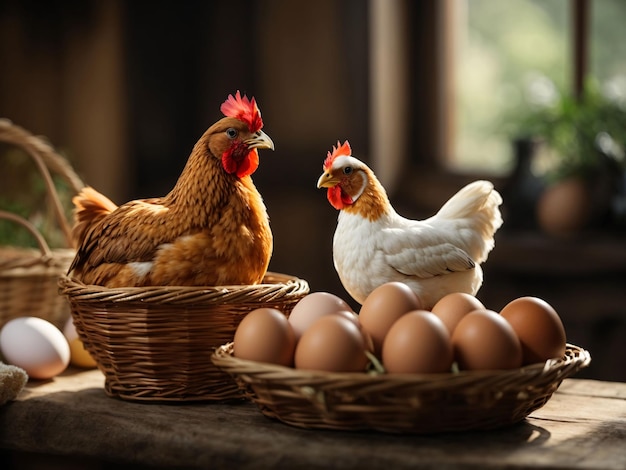 Poulet et œufs dans un panier en osier sur fond de bois