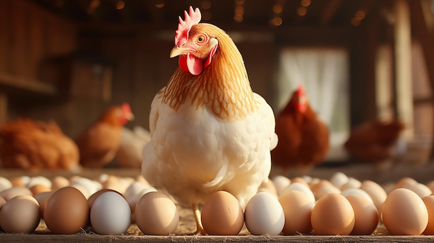 Poulet et œufs sur une table en bois dans la ferme de poulets