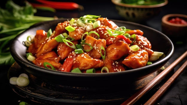 Poulet orange asiatique aux oignons verts sur une table en bois avec des épices