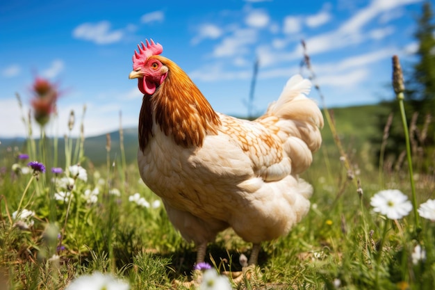 Photo poulet paissant dans le pré