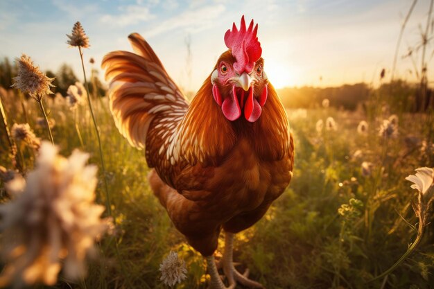 Photo poulet paissant dans le pré