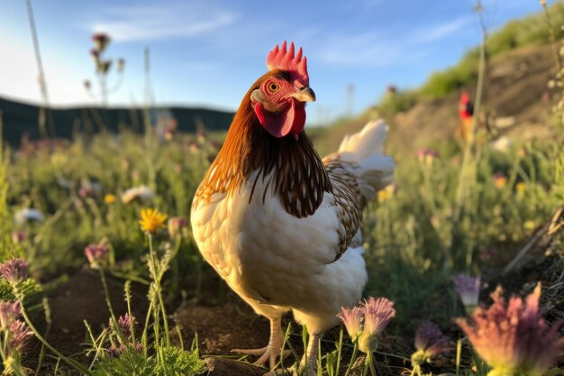 Photo poulet paissant dans le pré