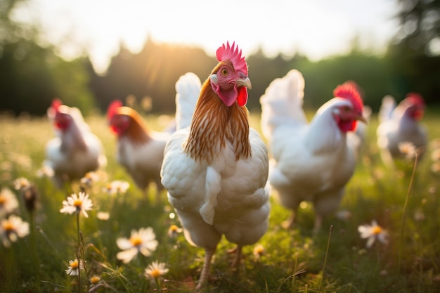 Photo poulet paissant dans le pré