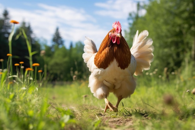 Photo poulet paissant dans le pré