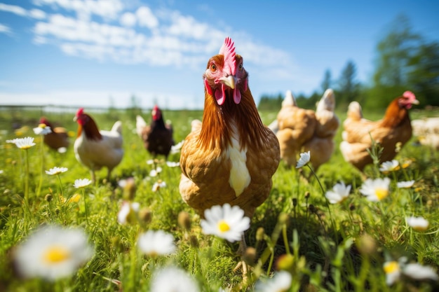 Photo poulet paissant dans le pré