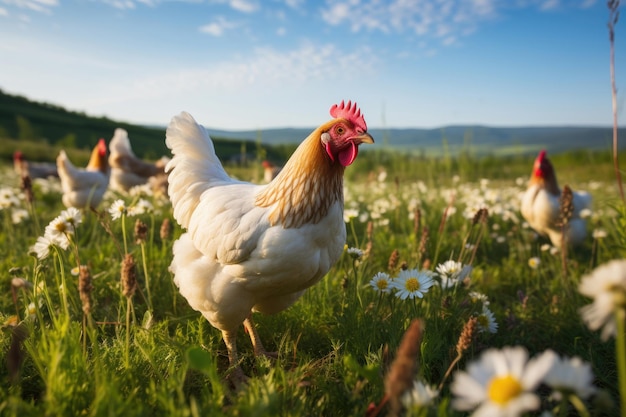 Photo poulet paissant dans le pré