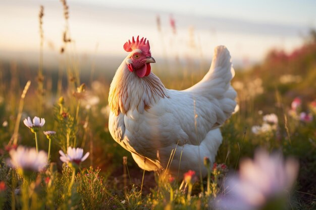 Photo poulet paissant dans le pré