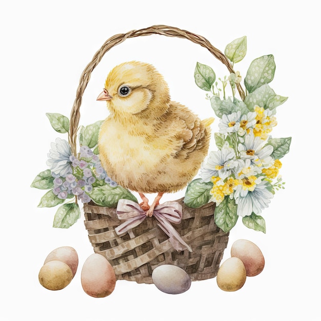 Poulet de pâques aquarelle dans un panier avec des fleurs de printemps et des oeufs de pâques