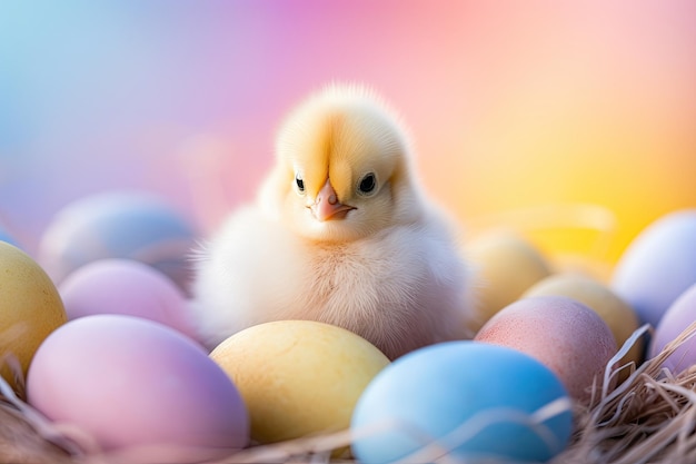 Poulet de Pâques dans un nid avec des œufs colorés