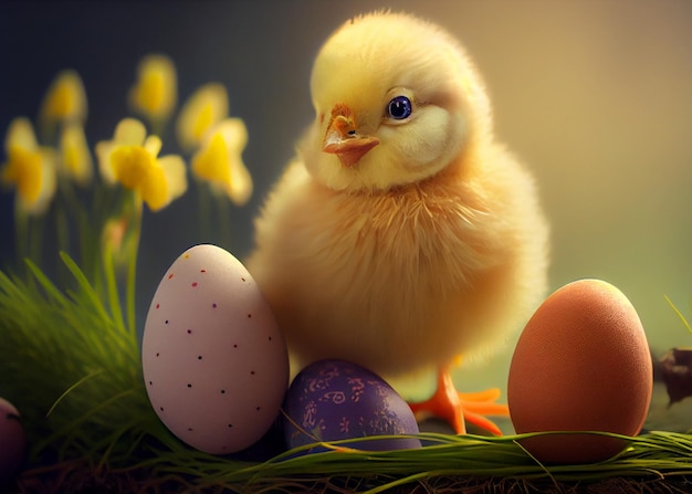 Poulet de Pâques Petit poussin orange marchant parmi les fleurs et les œufs de Pâques Généré par l'IA
