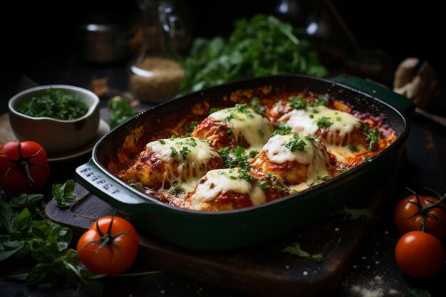 Poulet parmesan avec des épices dans un plat de cuisson sur table