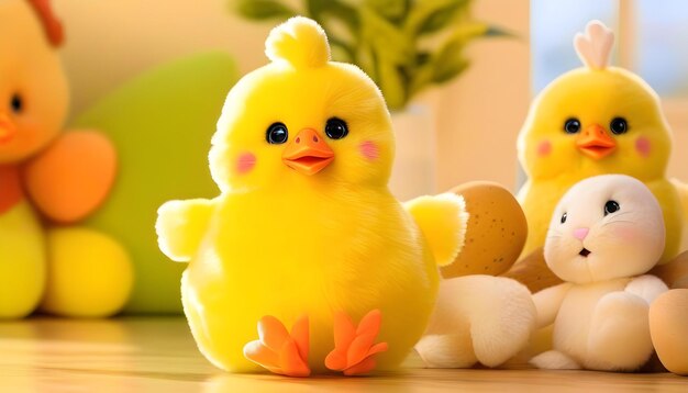 Un poulet en peluche jaune portant des pantoufles de lapin blanc