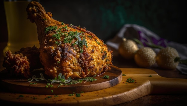 Un poulet sur une planche à découper en bois avec un chiffon blanc en arrière-plan